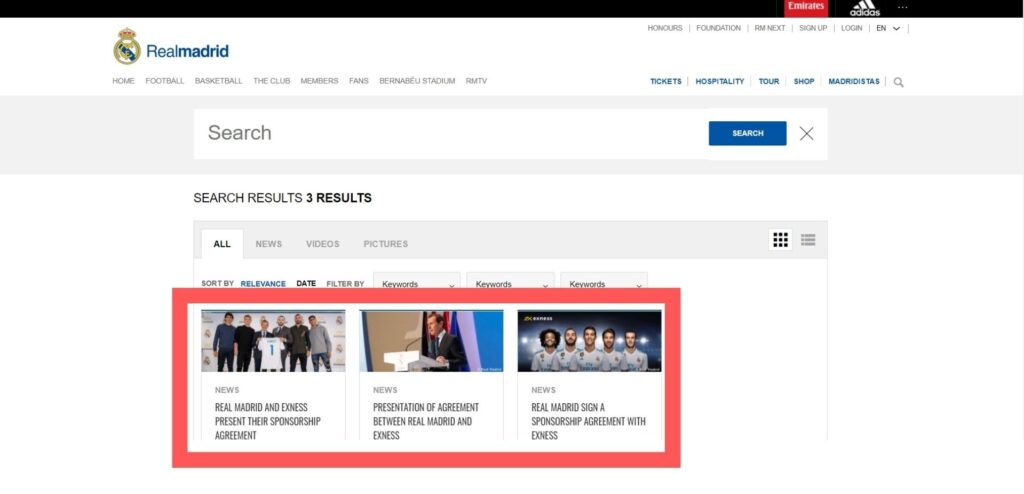 レアルマドリード公式サイト内のEXNESS記事