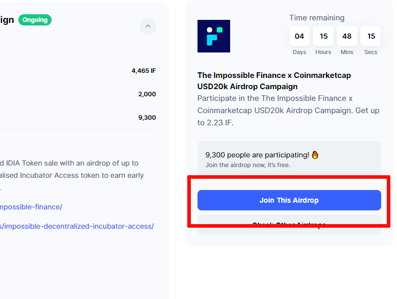 Impossible Financeエアドロップ参加ボタン