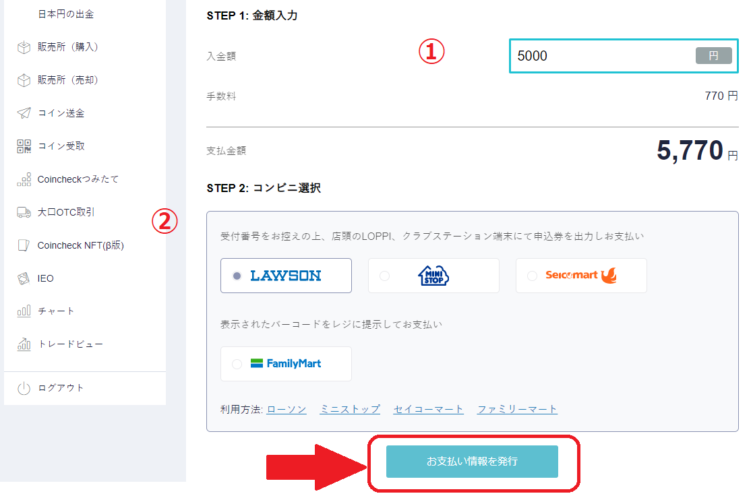 コインチェックでのコンビニ入金入力画面