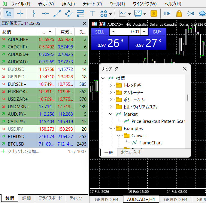 MT5の気配値表示・ナビゲータなどのウィンドウの位置の戻し方